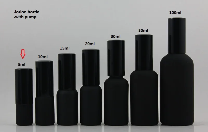 

wholesale empty 100pcs glass black frost 5 ml mini lotion bottle with black aluminium pump, small 5ml cosmetic glass bottle