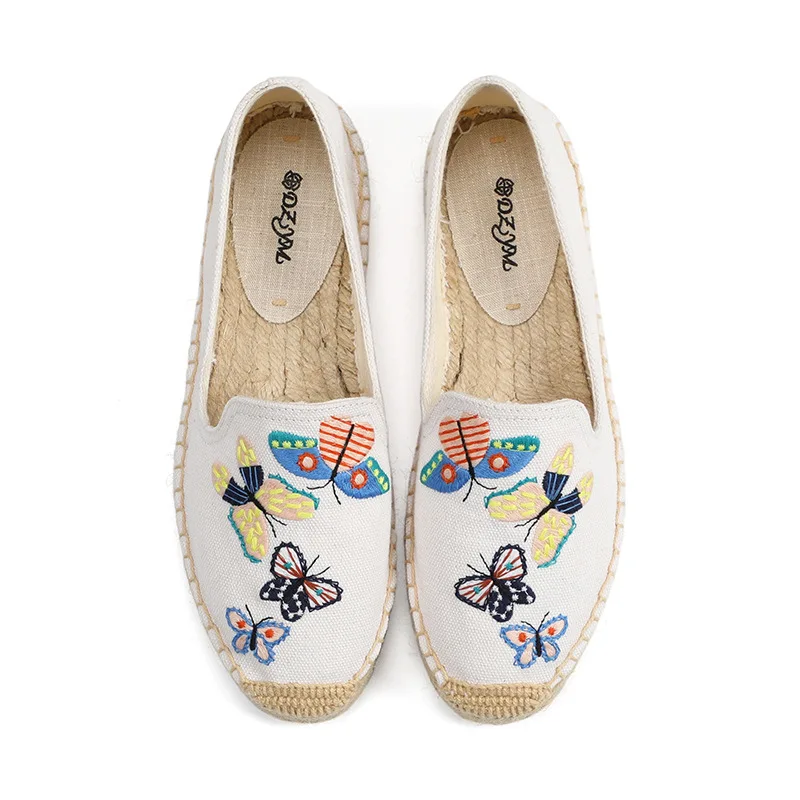 

DZYM Animal Prints Women Fisherman Shoes Butterfly Embroidered Flats Hemp Loafers Linen Weaving Canvas Espadrilles Driving Shoes