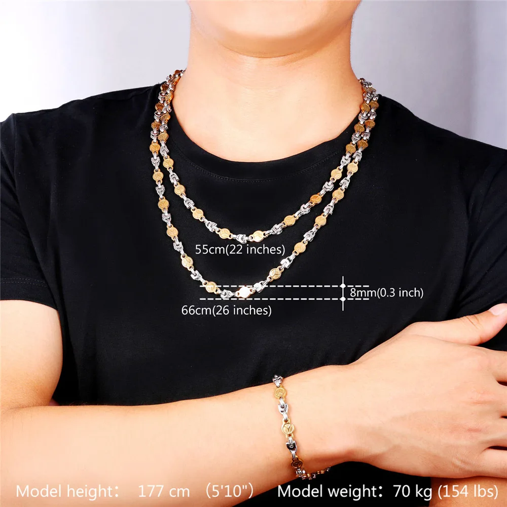 U7 Stainless Steel Chain Set For Men Two Tone Gold Color Peace Symbol Necklace Bracelet Men Jewelry Set Punk Rock Style S781