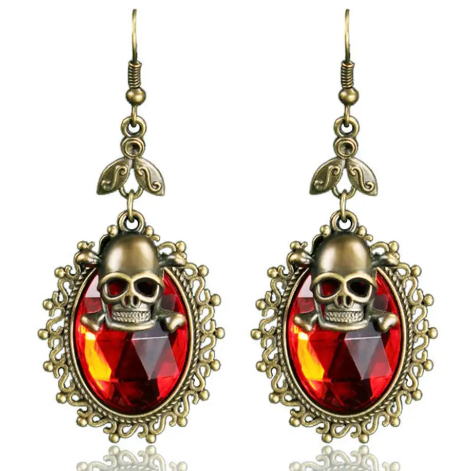 Vintage Bronze Ox Skulls and Faceted Crystals Women`s Drop Earrings with 5 colors available