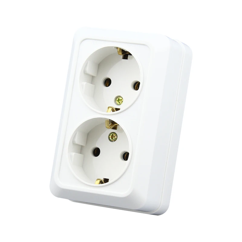 EU Dual  Surface Mounted Power Socket, White German Standard Panel, 16A EU Standard Wall Socket