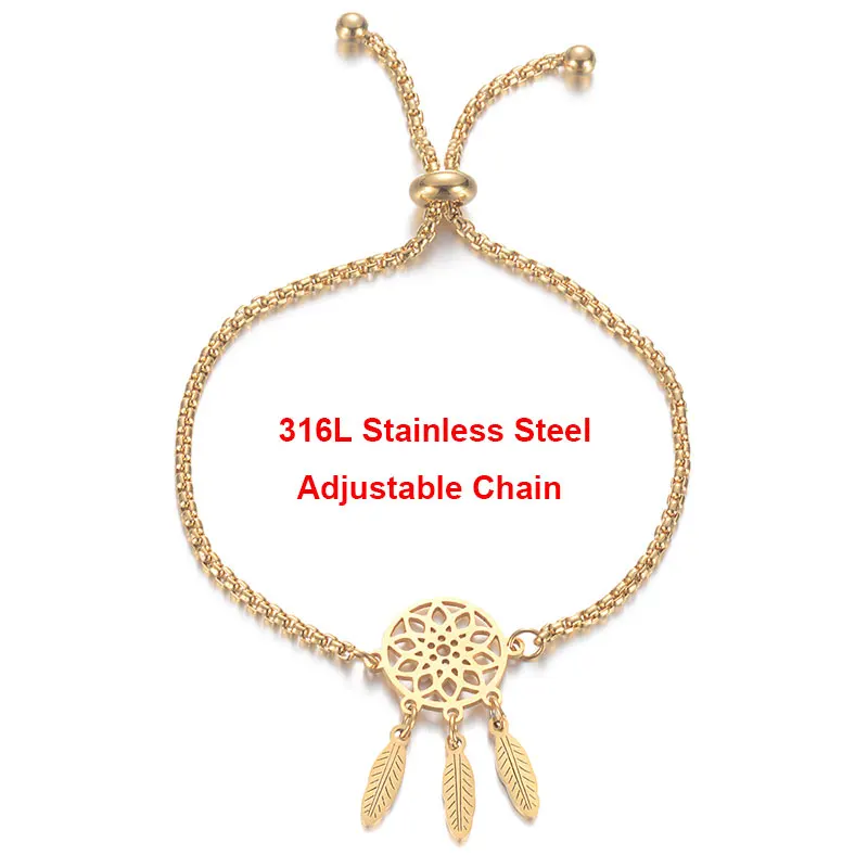 

Gold Color Dreamcatcher Bracelet Stainless Steel Adjustable Slider/Stopper Box Chain Dream Catcher Jewelry Girlfriend Gift