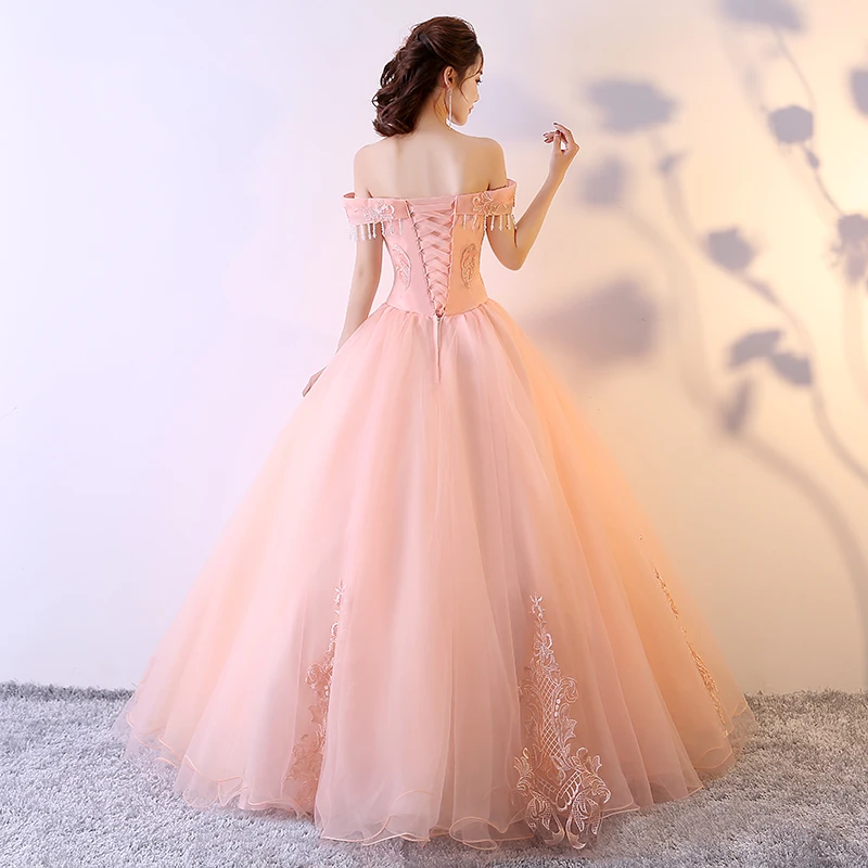 قبالة الكتف شرابة Quinceanera فساتين خمر يزين Vestido 15 Quinceanera منتفخ الكرة ثوب الوردي حفلة موسيقية فساتين