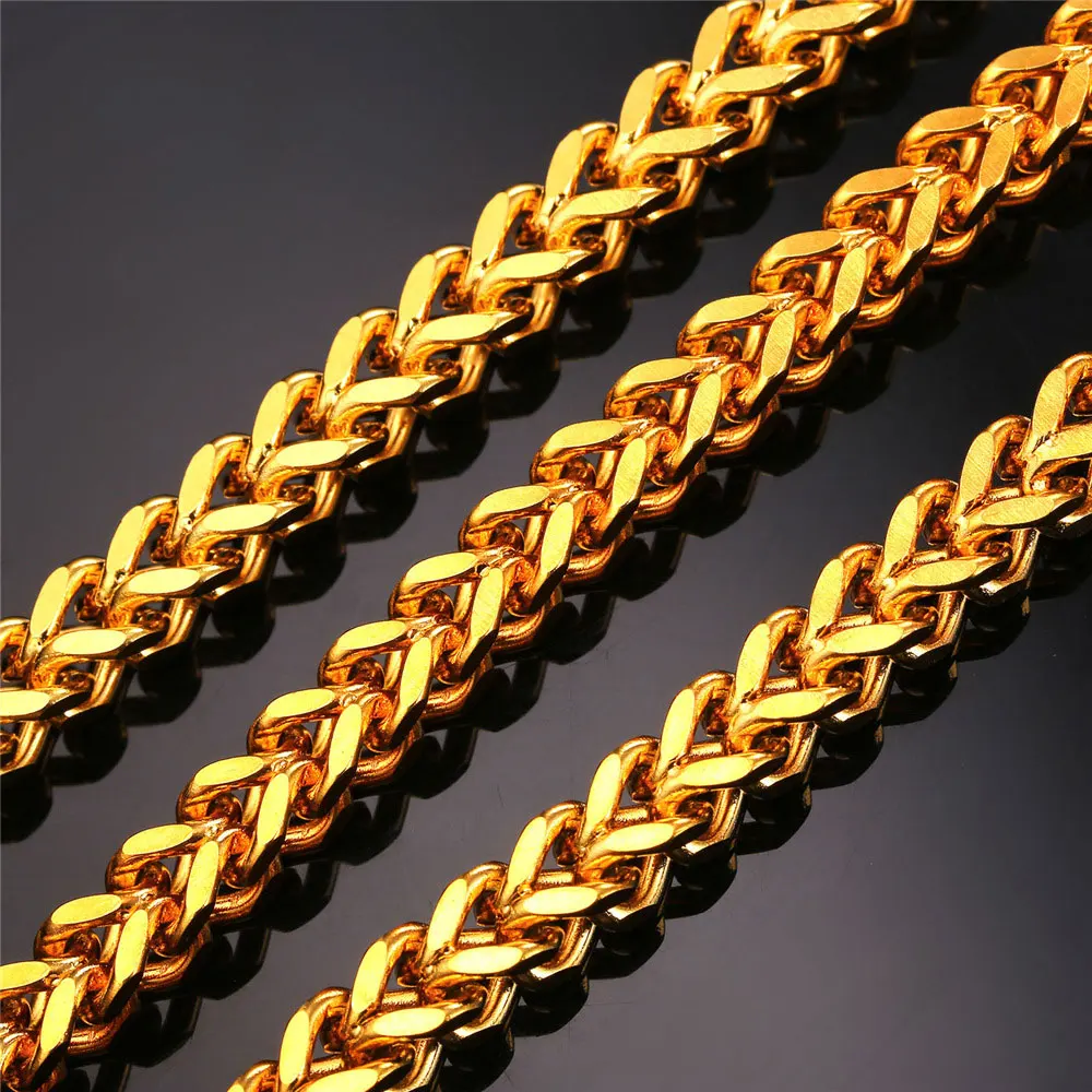 U7 Gold Color Chain For Men Hiphop Jewelry Wholesale Stainless Steel Steampunk Style Wheat Chain Chunky Necklace N435