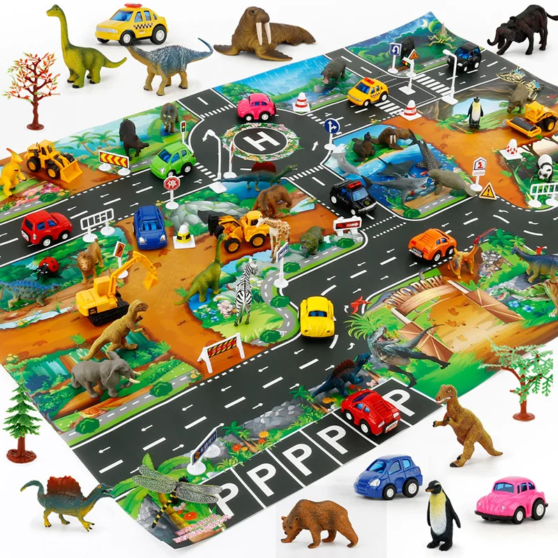 Kids Dinosaur Map Toys Car Parking Road Map Alloy Toy Model Car Climbing Mats English Version Kids Play Game Map Racing Mat Toys