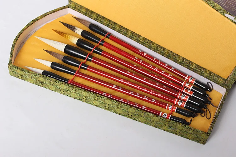 

7PCS Nylon/ Pony Hair/ Weasel Bristle Chinese Calligraphy Brush Pen and Storage Box Wool Hair Painting Brushes Set