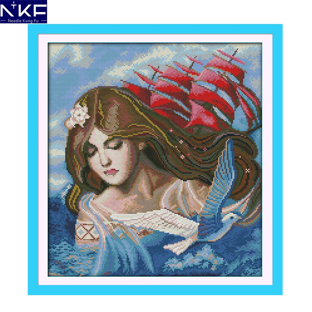 NKF Deep Red Sail Cross Stitch Painting DIY Kits Cross Stitch Embroidery Set for Home Decor Needlework Cross Stitch Pattern