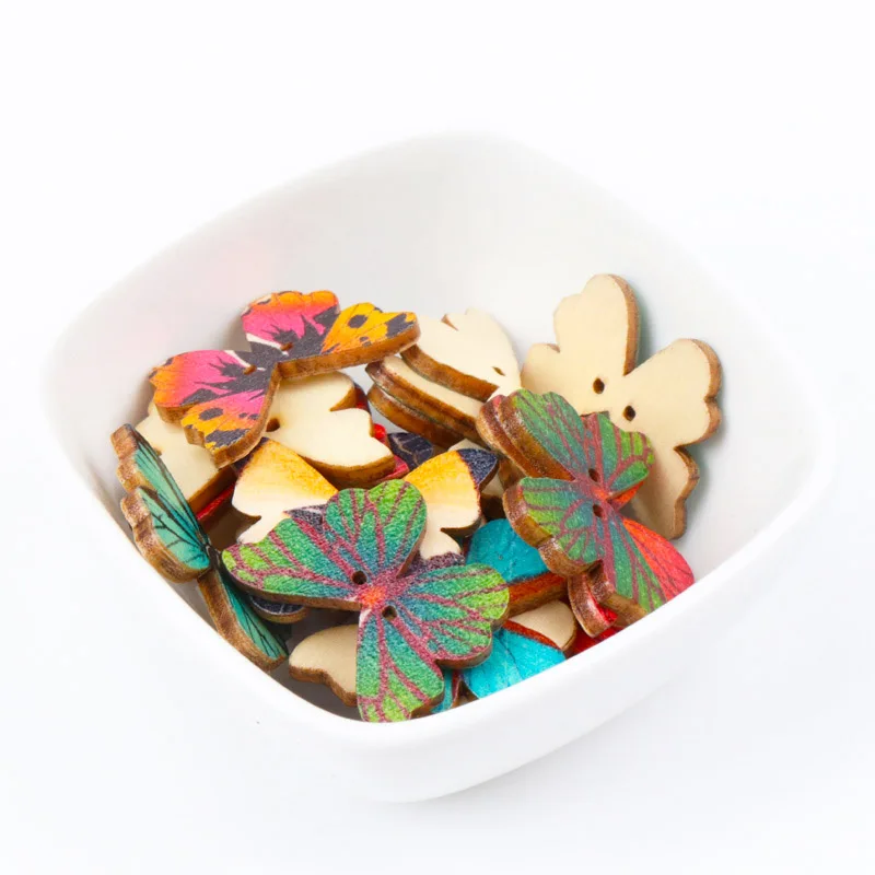 Wooden Mixed Color Butterfly Shape Buttons 2 Holes Handmade Clothing Sewing Scrapbooking Crafts DIY 28x20mm 30pcs MT0298