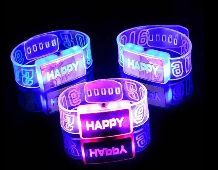 Happy Word Flashing Wristband Glow Bangles Bands Jelly Bracelets 80s 80's Fancy Dress Kids Party Light Toy Gift LED Armband