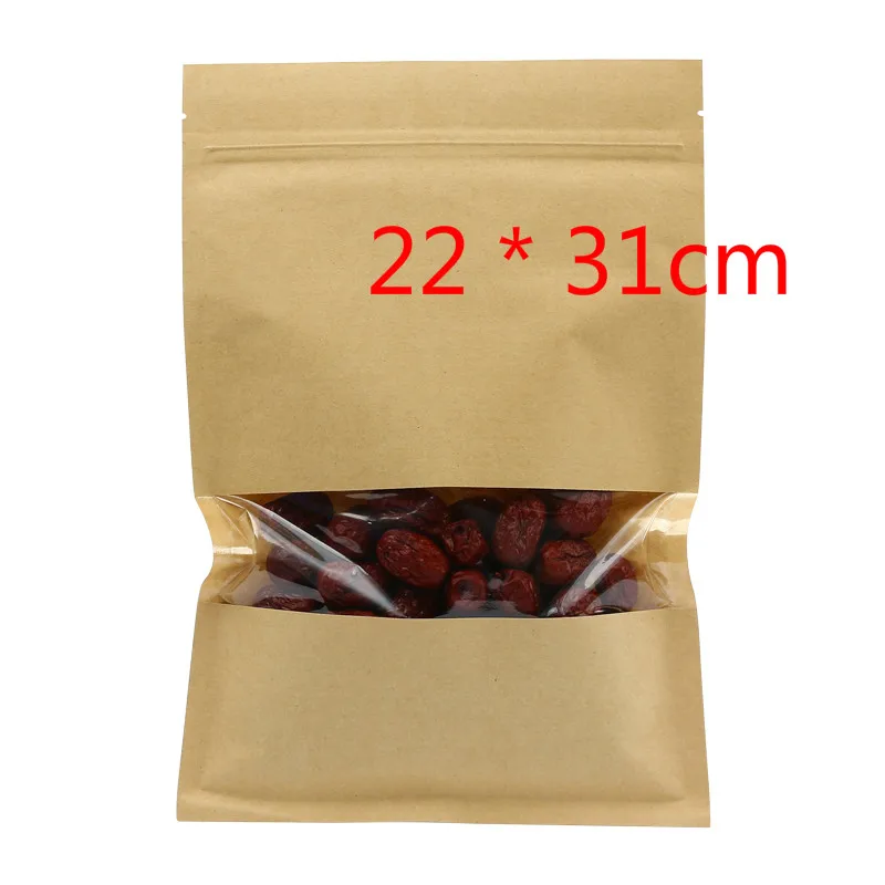 50Pcs/ Lot 22*31cm Snack Storage Kraft Paper Zipper Pack Bag Zip Lock Heat Seal Zip Lock Pouches Package With Window