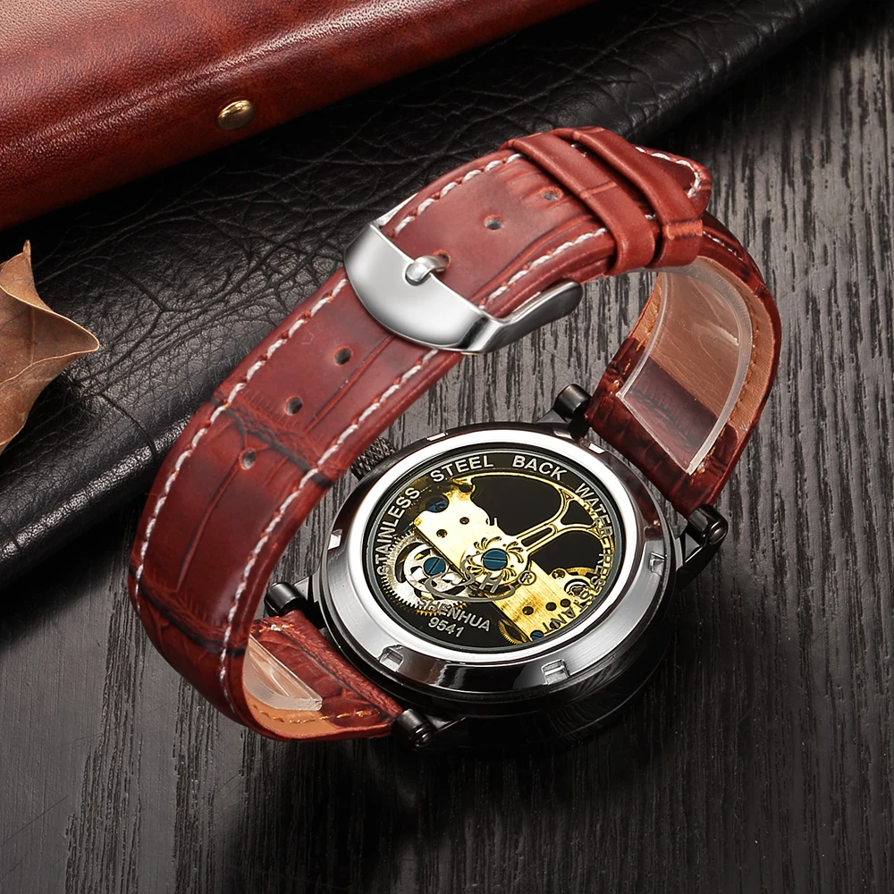 SHENHUA Automatic Mechanical Watch men Top Brand Luxury Leather Stainless Steel Transparent Skeleton Watch Relogio Masculino