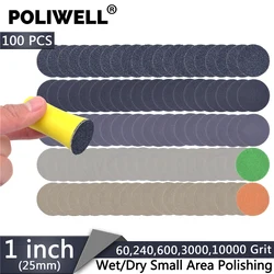 Poliwell 100 pcs 1 인치 60/240/600/3000/10000 그릿 샌딩 디스크 + 후크 및 루프 핸드 샌딩 패드 소형 면적 미세 연마 키트