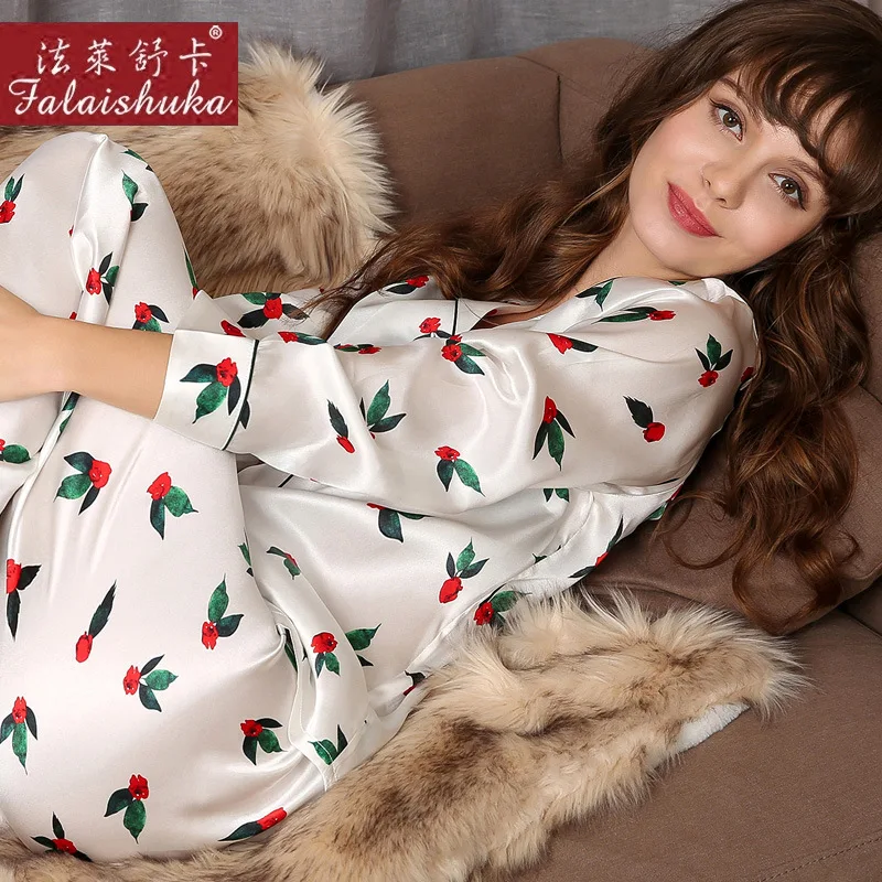 Natural Silk Woman Pajamas Red Rose Printed Long-Sleeve 100% SILK Sleepwear Female Two-Piece Silkworm Silk Pyjama Sets T8170