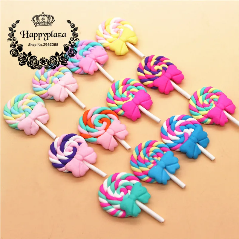 10pcs Mix Colors Swirl Lollipop With Bow Polymer Clay Flatback Cabochons Food Art DIY Phone Decoration or Kids Gift,27*40mm