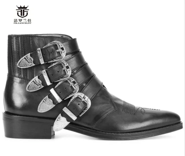 FR.LANCELOT High end leather Boots fashion real leather boot buckle decoration Men Short med heel rubber sole party men's boots