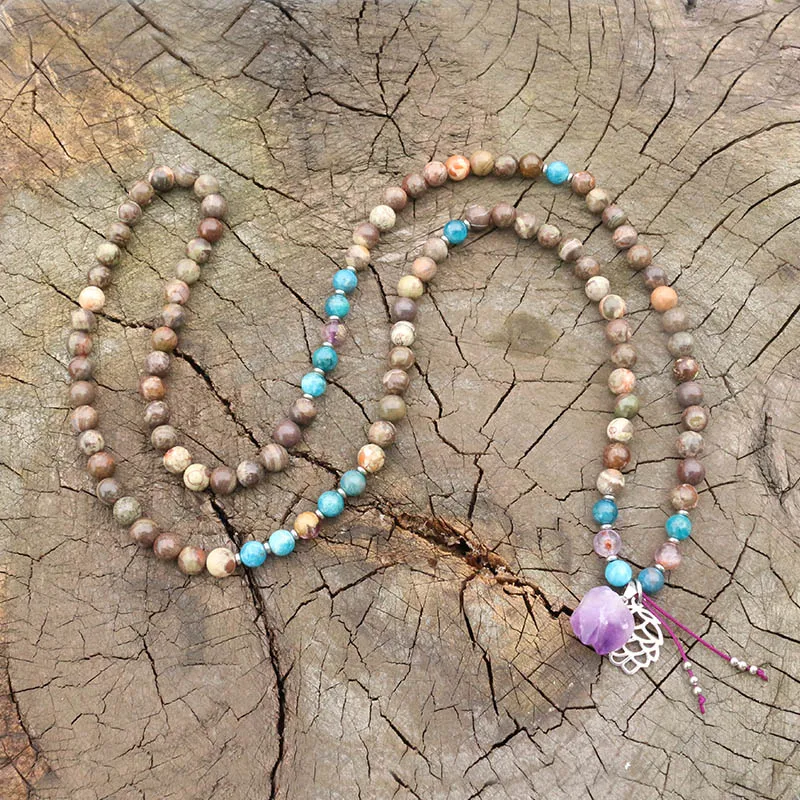 8mm apatita, ametista fantasma, pingente irregular de ametista, colar JapaMala, mala de meditação, joias de ioga Namaste, 108 contas Mala