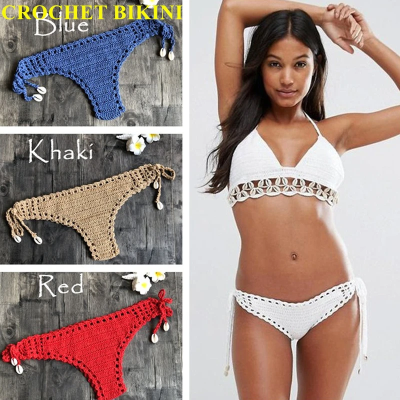 CROCHET BIKINI 2021 Women Sexy Crochet Bikini Bottom Boho Thong Swimwear Handmade Swimsuit Knitting Shorts  L M S