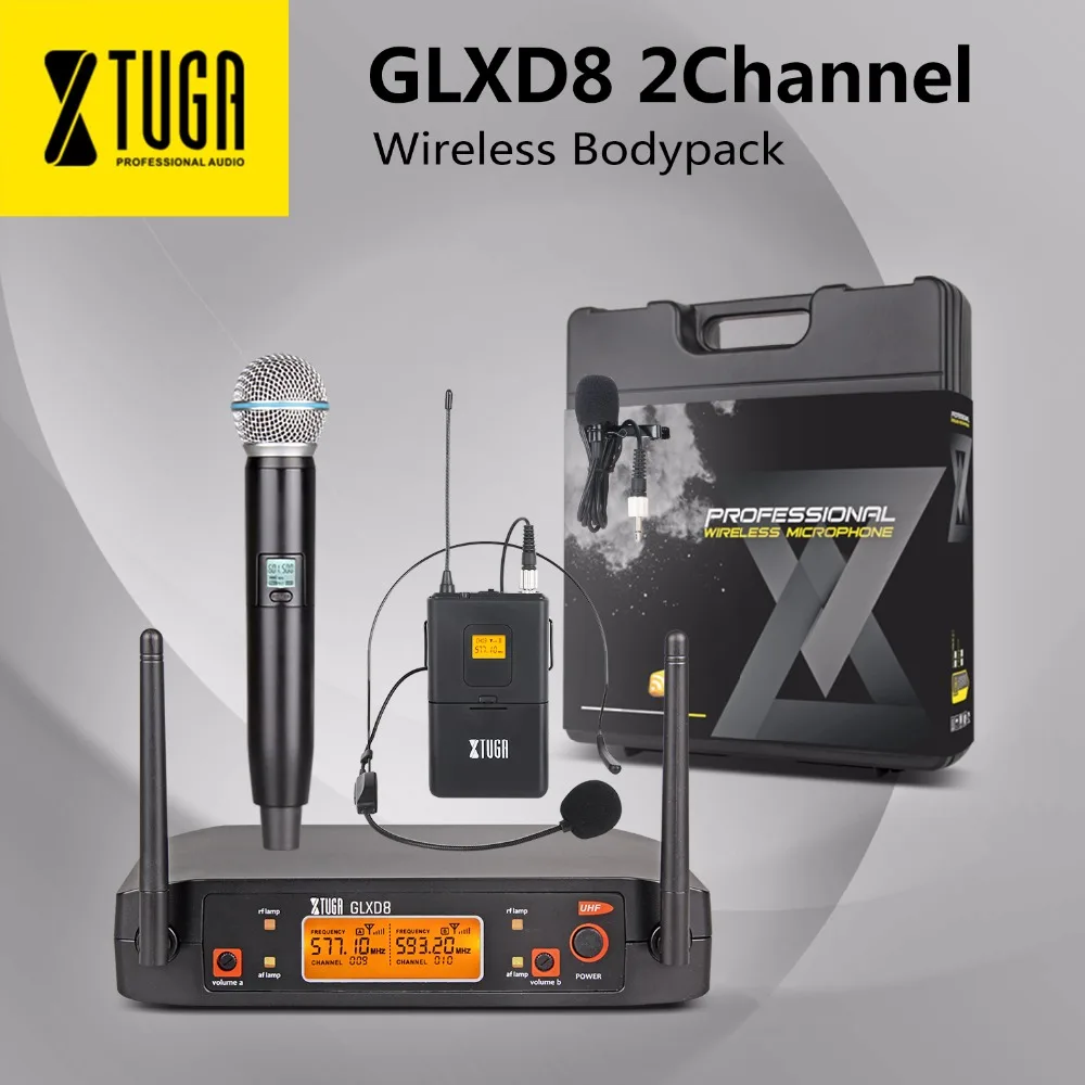 XTUGA-Sistema de micrófono portátil UHF, con estuche de transporte, 2 cajas de Metal con micrófono de mano, inalámbrico, para escenario, iglesia, boda, GLXD8