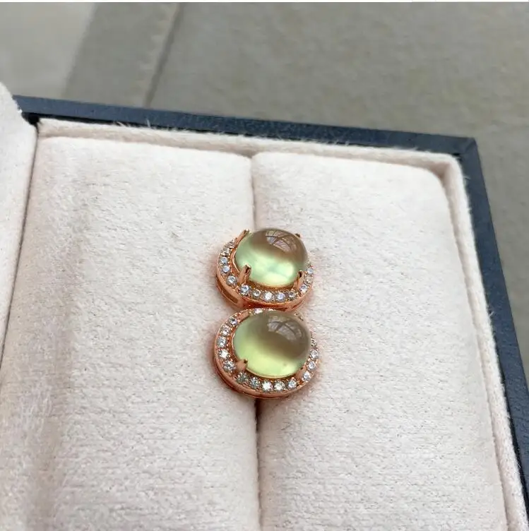 Prehnite stud earring Natural prehnite Free shipping 925 sterling silver Fine gems jewelry For men or women 5*7mm