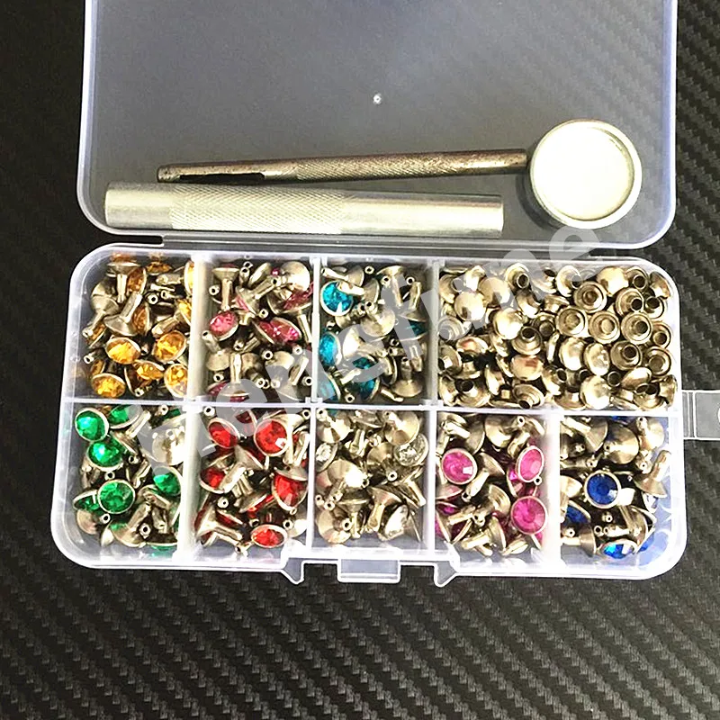 240pcs 8colors Punk Diamond Spikes Rivets/Rhinestone Studs Decor Rivets for Leather/Belt/Handbag Double-sided Rivet DIY +Tools