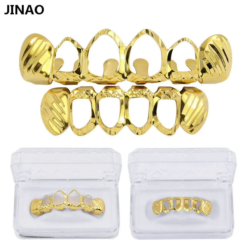 JINAO New Fit D-образные решетки чистый золотой цвет Позолоченные верхние и нижние зубы 4 открытые хип-хоп решетки полые зубы гриль-наборы