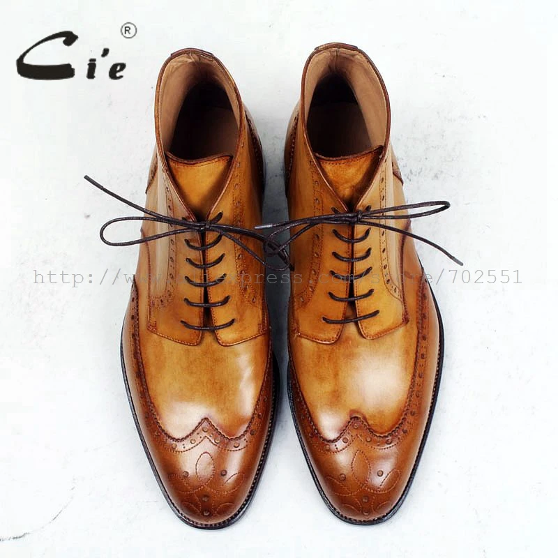 cie round toe full brogues medallion 100%genuine calf leather boot patina brown handmade leather lacing men's ankle boot  A98