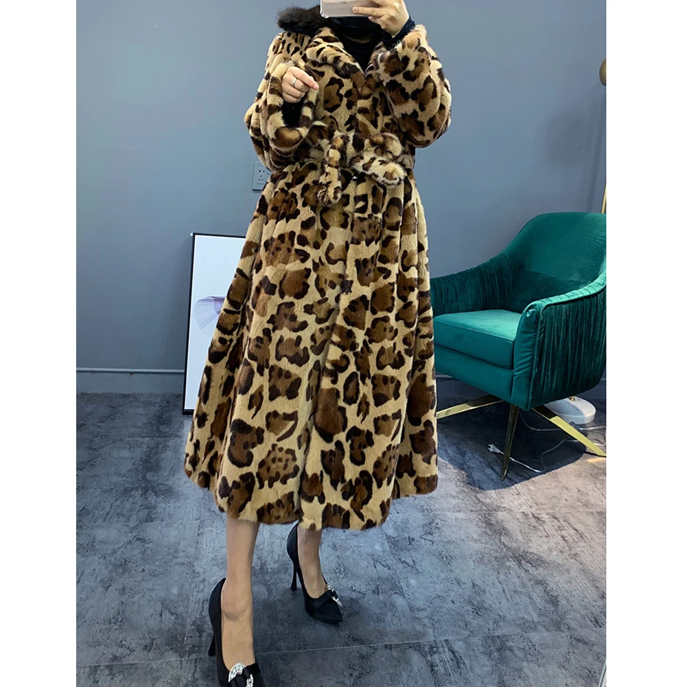 Denny&Dora Women's Imported Mink Fur Coat Leopard Fashion Long Women's Fur Coat Women's Thick Warm Fur Jacket