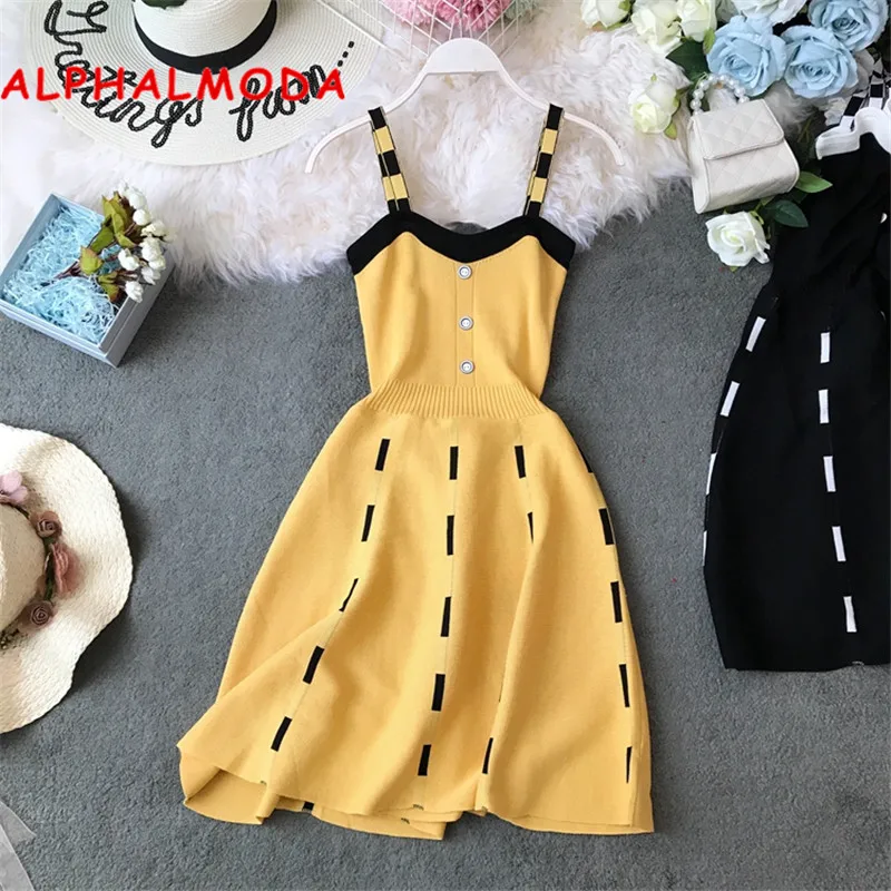 

ALPHALMODA Knitted Suspender Dress Single Breasted High Waist Slim Waist A-line Chic Short Summer Knit Sundress for Women 2019