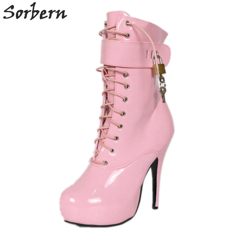 Sorbern Pink Ankle Boots For Women 15Cm Extrem High Heels Gothic Boots 4Cm Platform Lace-Up Punk Boots Botines Plataforma