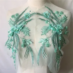 Pretty Mint Green Pearl Beaded 3D Flower Embroidered Lace Applique For Wedding Dress Costumes 2PC