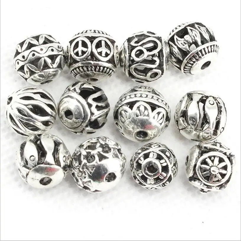 10Pcs Hole 2mm Tibetan Silver Hollow Metal Spacer Beads Accessories Ball Loose Bead Charms DIY Handmade Bracelet Jewelry Making