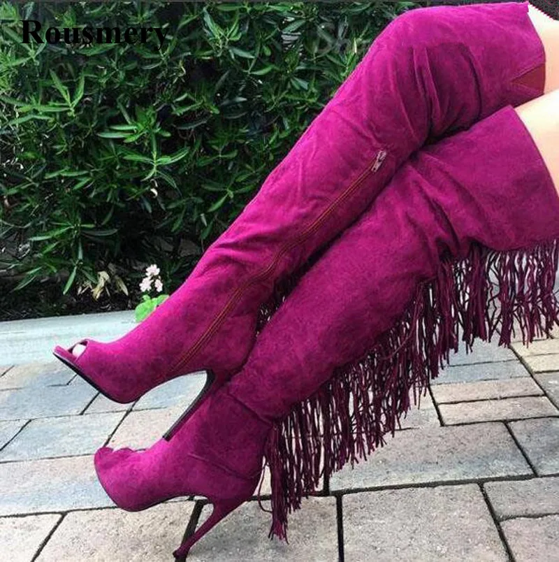 

Hot Selling Women Fashion Open Toe Pink Suede Leather Over Knee Tassels High Heel Boots Sexy Fringes Long Boots