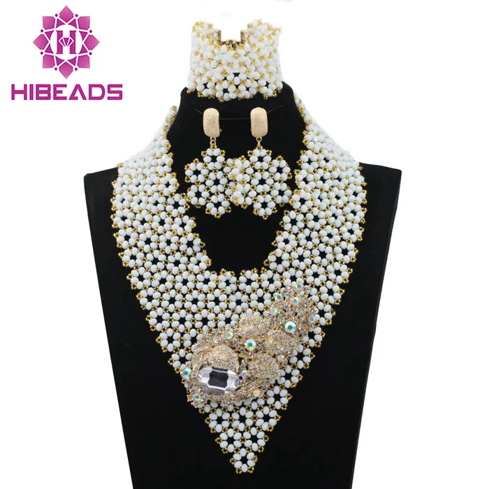 

New White Beads Women Jewelry Necklace Set Chunky Costume Bridal African Jewelry Set 2017 Statement Jewellery Free ShipABL583