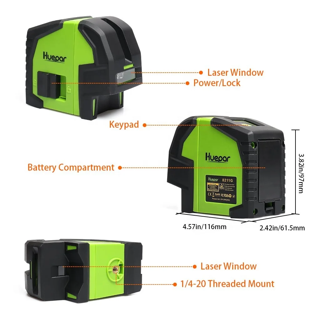 Huepar Cross 2 Lines 2 Plumb Dots Green Laser Beam Selectable Vertical & Horizontal Lines Multi-Use Laser Level