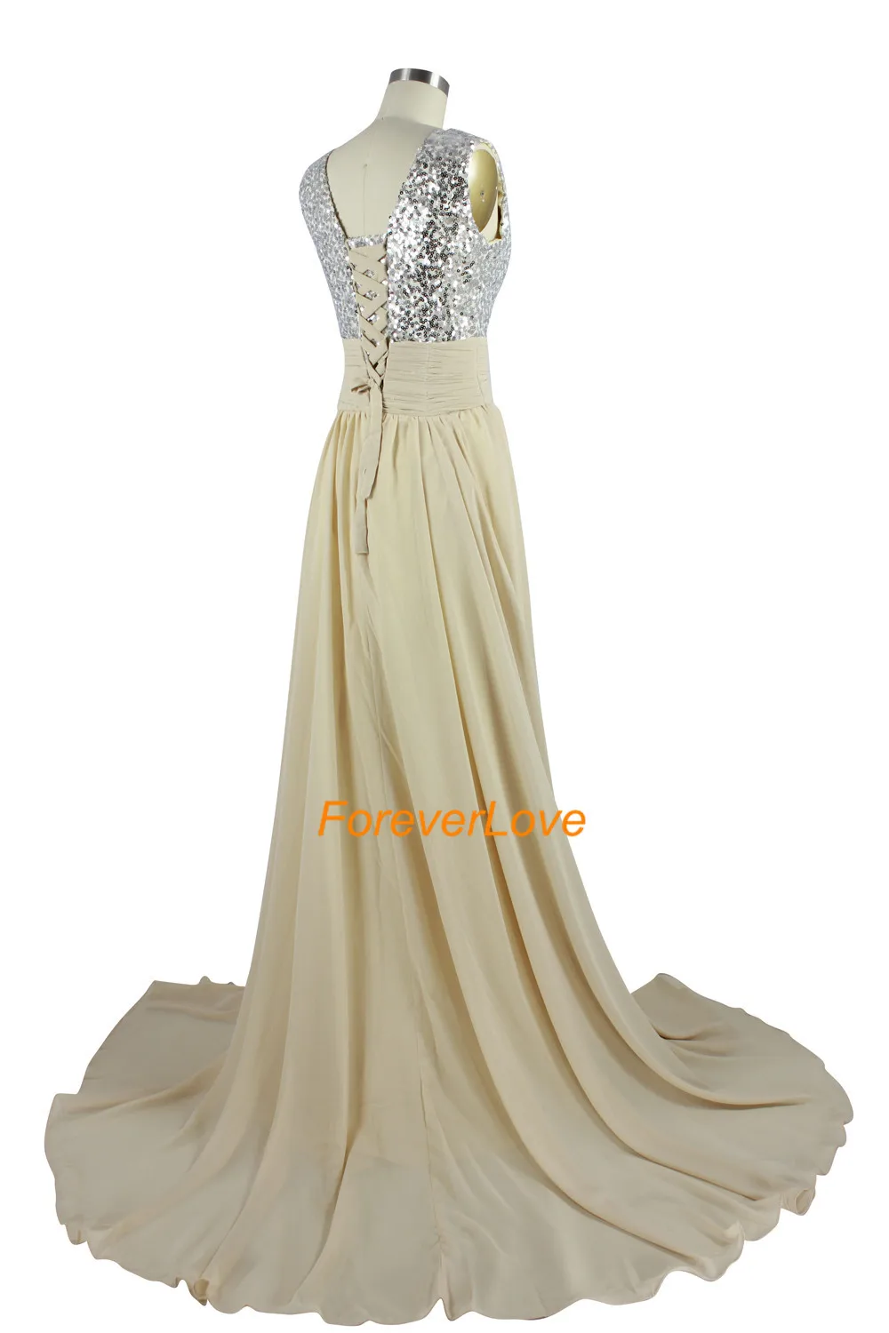 2016 sexy v pescoço lantejoulas chiffon uma linha champagne sem costas chiffon longo vestido de baile festa formal vestido de noite