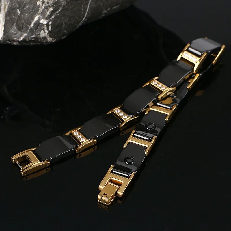 Luxury Men Gold Bracelet Health Black Ceramic Bio Magnetic Germanium Bracelets Men Hand Chain Link Crystal Stainless Jewelry