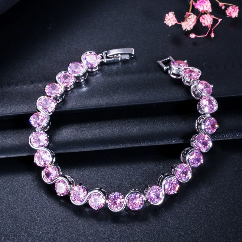 ThreeGraces New Trendy Purple Cubic Zirconia Crystal Round Link Chain Bracelet for Women Wedding Banquet Jewelry Gift   BR130