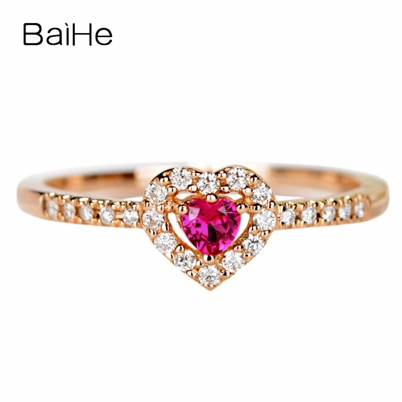 BAIHE Solid 14K Rose Gold Natural Ruby Diamond Heart Ring Women Gift Wedding Engagement Trendy Fine Jewelry Making Anel Coração