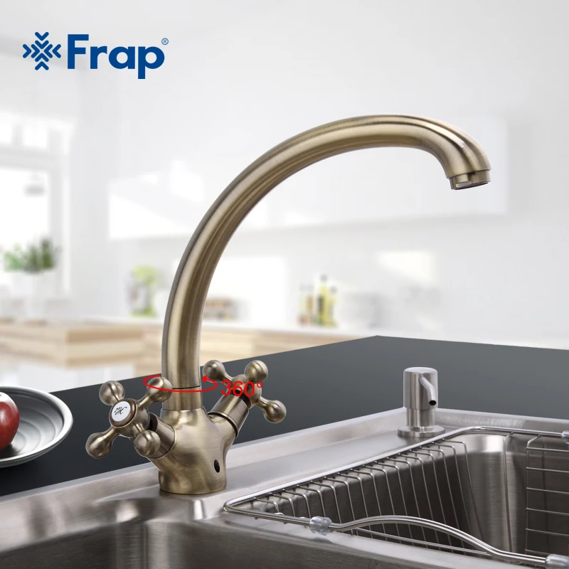 

Frap Double Handle Kitchen Faucet Antique Brass Hot and Cold Water Mixer 360 Degree Rotating Gooseneck Design F4219-4