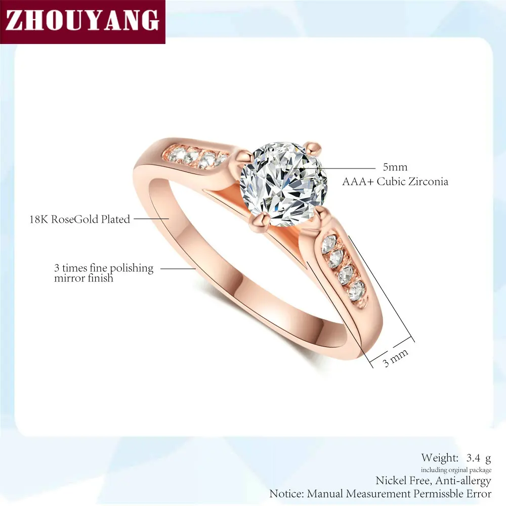 ZHOUYANG Engagement Wedding Ring For Women Classic Prong Setting CZ  Rose Gold Color Fashion Jewelry Lover\'s Ring R064 R065