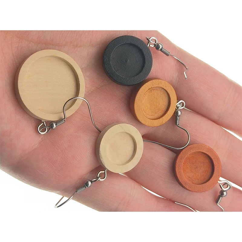 10PCS 12 16 20 25 30 mm Blank Wood Cabochon Base Earrings Settings Findings Stainless Steel Earring Hooks for DIY Jewelry Making