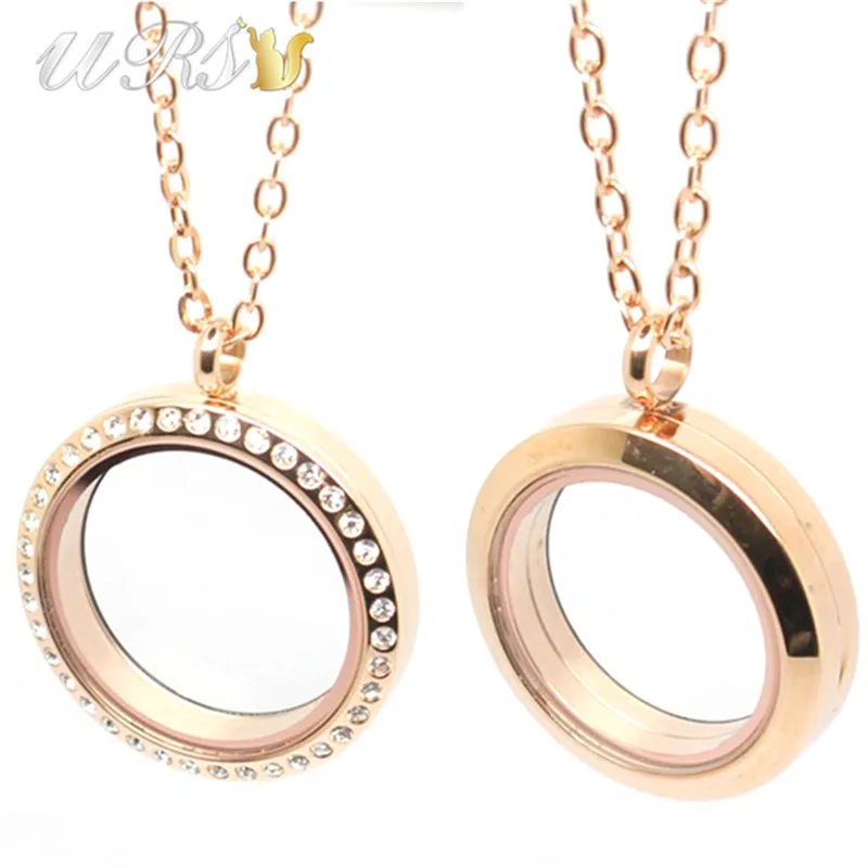 20mm/25mm/30mm/35mm magnetic closure rose gold czech crystals 316L stainless steel floating memory locket pendant with necklace