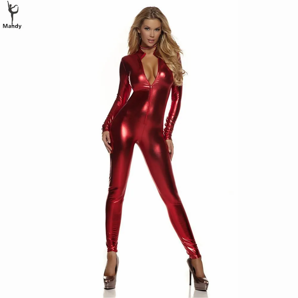

Mandy Plus Size Women's Spandex Mock Turtle Neck Red Catsuit Bodysuit Metallic Zip Front Cat Suit Shiny Tight Unitard for Adult