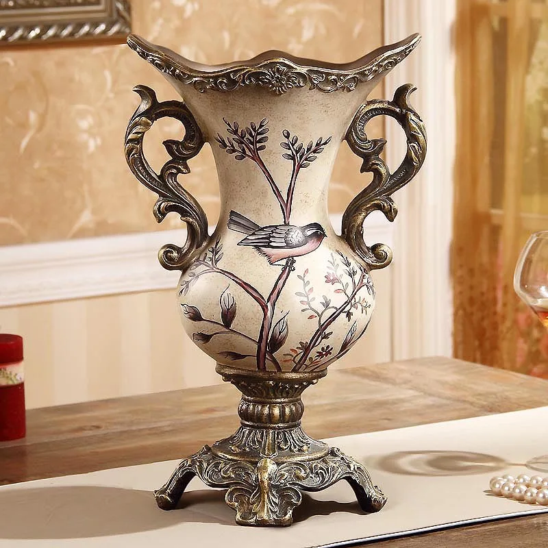 European-style new resin binaural vase home hand-painted Vintage carving antique countertop vase decorative ornaments