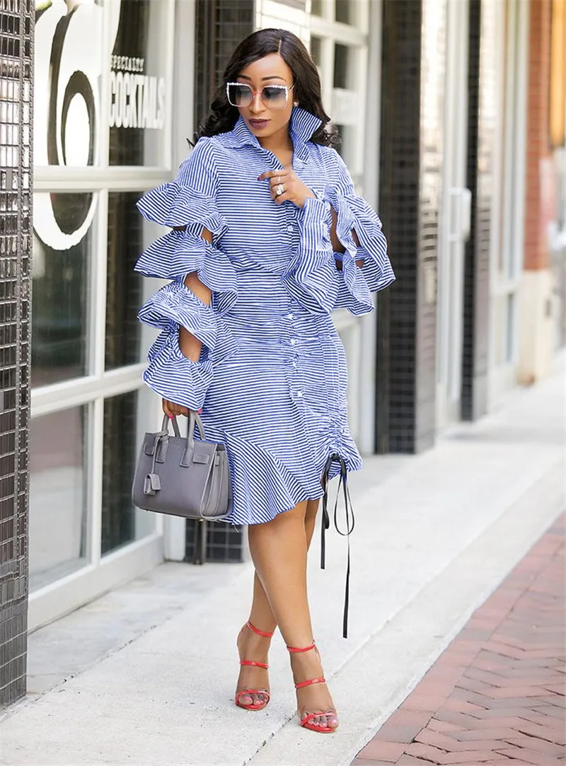 Vestido de camisa irregular listrado azul, mulheres em camadas, plissado, manga, botão, até o joelho, midi, vestido casual para festa