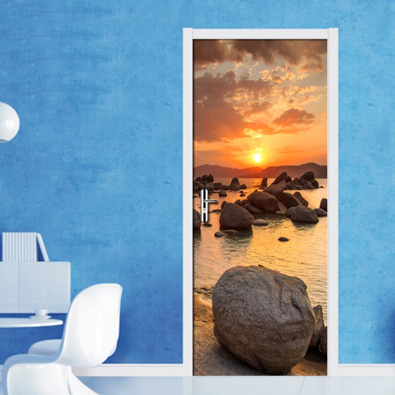 

3D Interior Door Sticker Living Room Bedroom Door Mural 3D Wallpaper Waterproof Self-adhesive 3D Sunset Rock Seaview Wall Paper