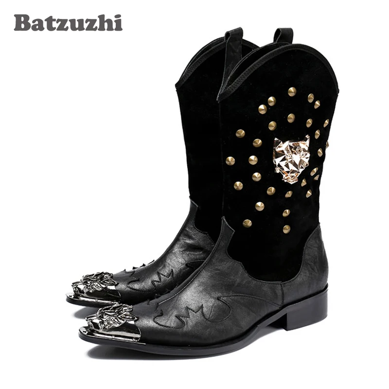 

Batzuzhi 2024 New Men Boot Punk Combat Men's Leather Boots Desert Biker Motorcycle Rock Boots Black Plus Size US12