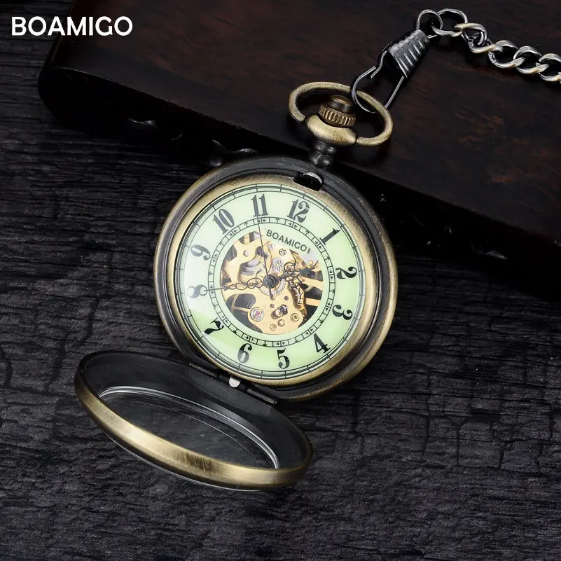 FOB men pocket watches antique mechanical watches skeleton copper gift clock alloy case luxury chain BOAMIGO brand reloj hombre