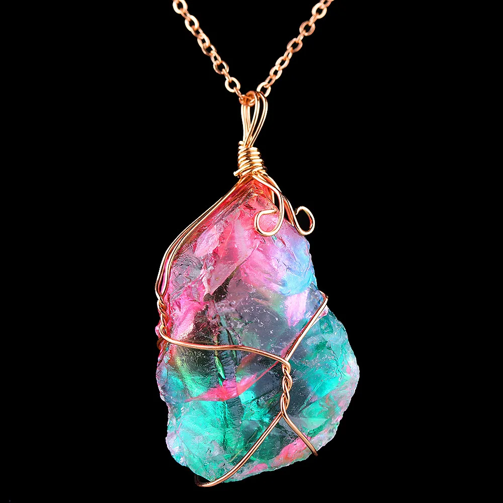 1Pc Irregular Rainbow Stone Natural Crystal Chakra Rock Necklace Golden Plated Quartz Pendant Nice Gift For Lover Friends