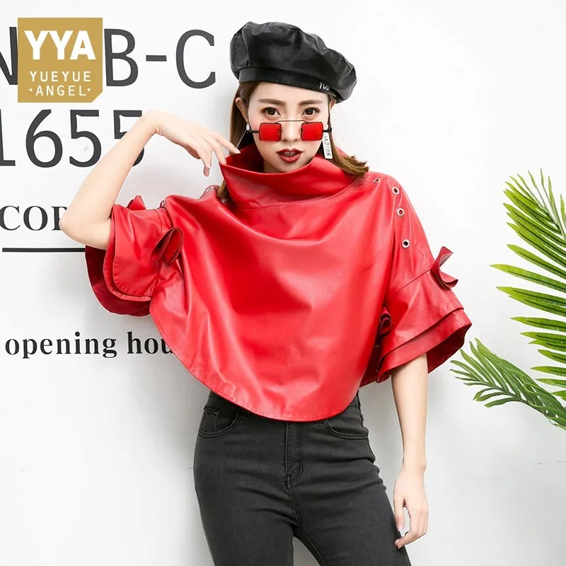 New Spring Womens Short Jacket Korean Batwing Sleeve Genuine Leather Coats Loose Fit Streetwear Cape Coat Size S-4XL